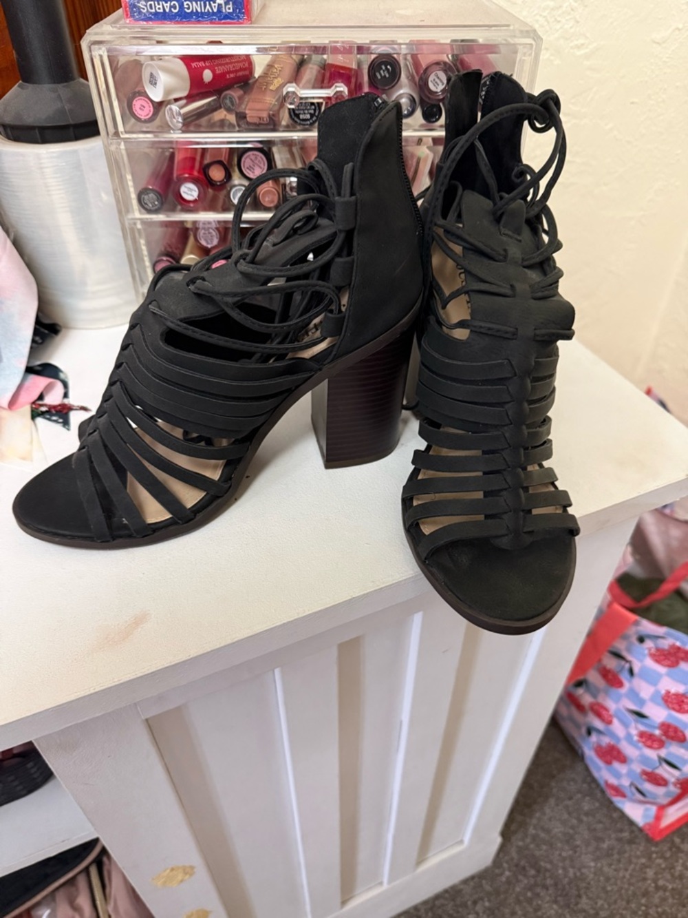 Black Strappy Lace-Up Block Heel Sandals - Women